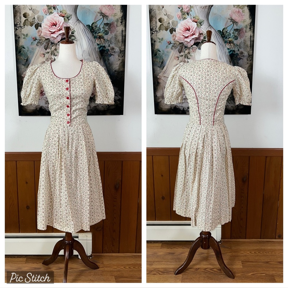 Vintage Cream Floral Midi Dress with Pink Trim Gunne Sax STYLE